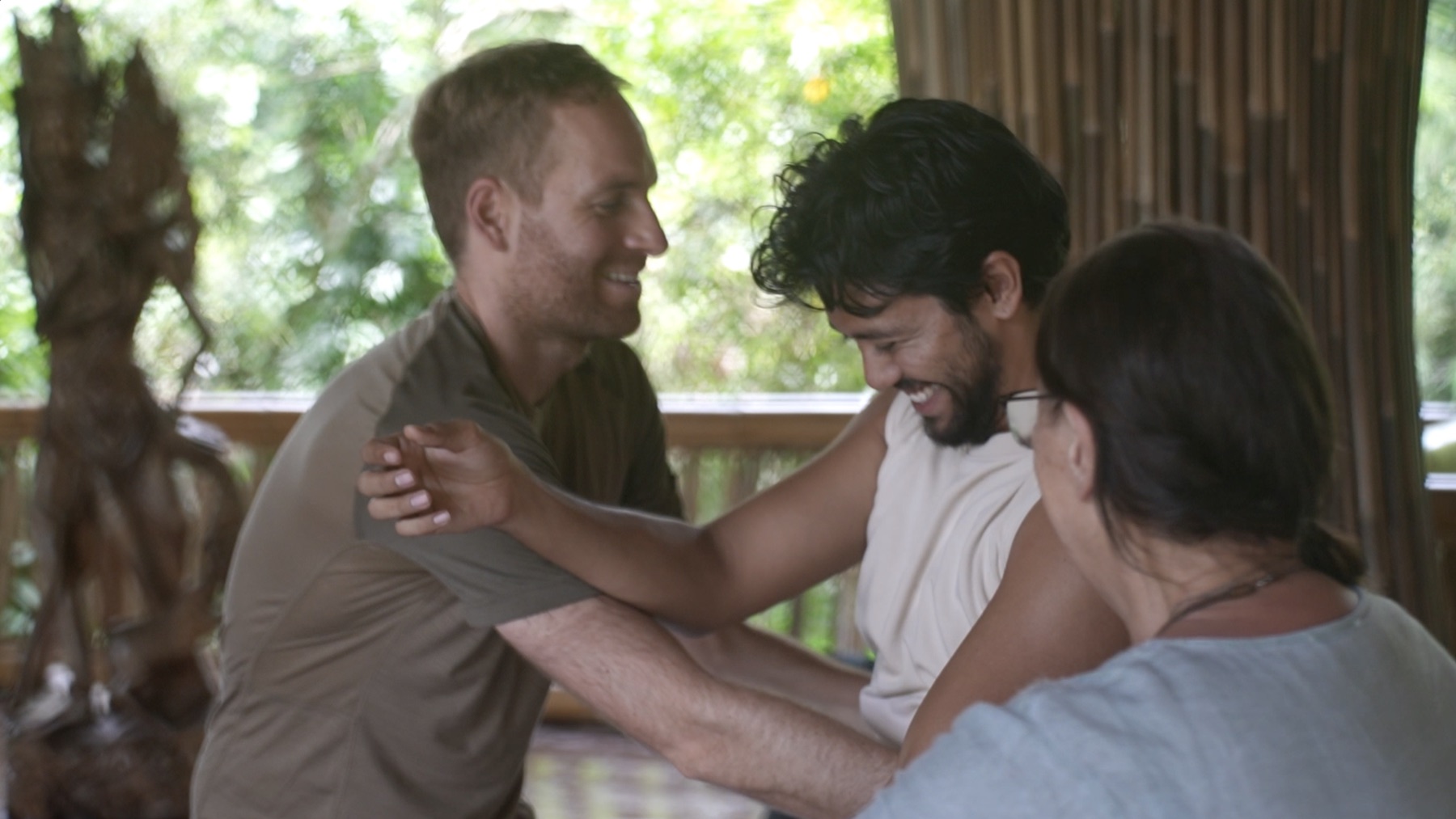 Participants sharing a spontaneous moment of laughter and play